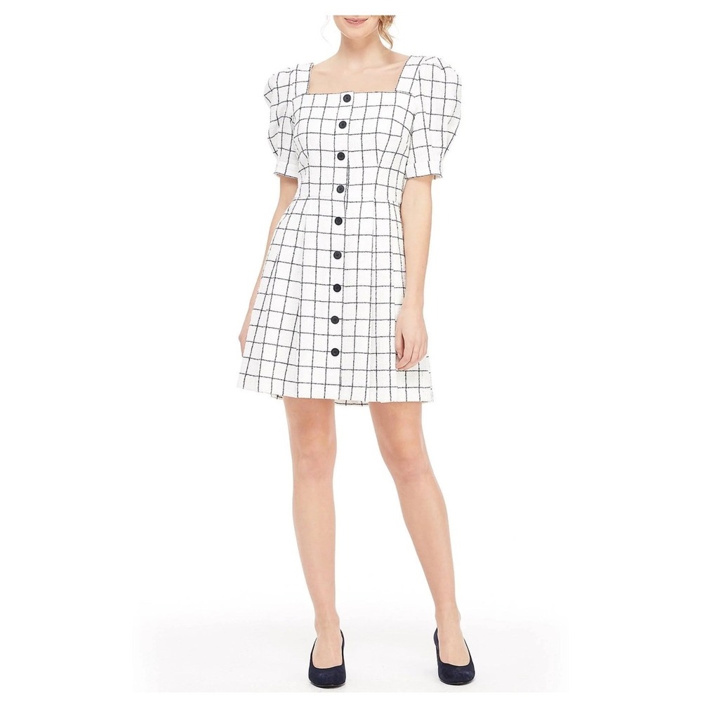 Gal Meets Glam White Black Grid Square Neck Puff Sleeve Dress 2 Pockets Classy